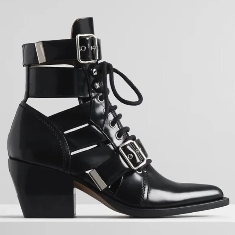 CHLOE Rylee Glossed Leather Ankle Boots Cut Out Black Size 37/7